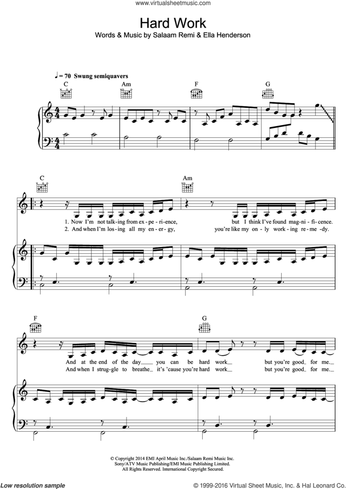 Hard Work sheet music for voice, piano or guitar by Ella Henderson and Salaam Remi, intermediate skill level