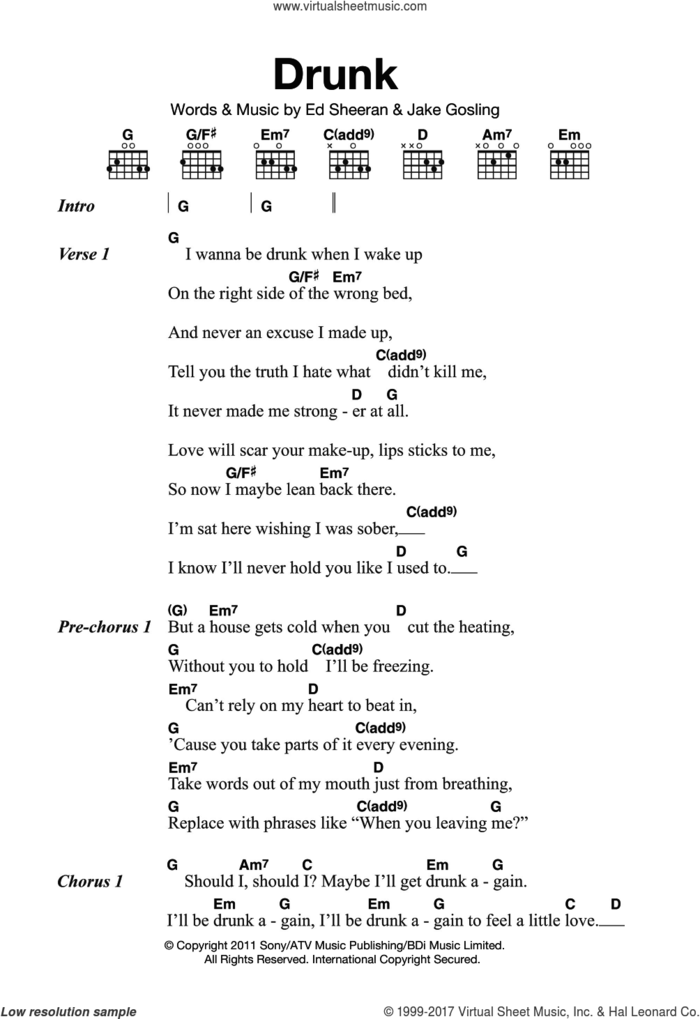 Drunk sheet music for guitar (chords) by Ed Sheeran and Jake Gosling, intermediate skill level