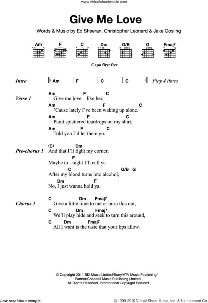 Give Me Love sheet music for guitar (chords) by Ed Sheeran, Christopher Leonard and Jake Gosling, intermediate skill level