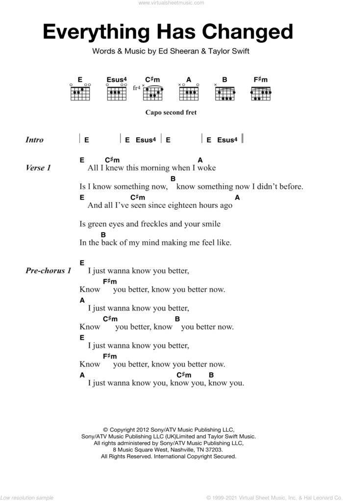 Everything Has Changed (feat. Ed Sheeran) sheet music for guitar (chords) by Ed Sheeran and Taylor Swift, intermediate skill level