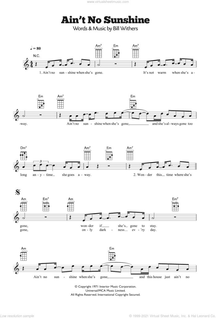 Ain't No Sunshine sheet music for ukulele by Bill Withers, intermediate skill level