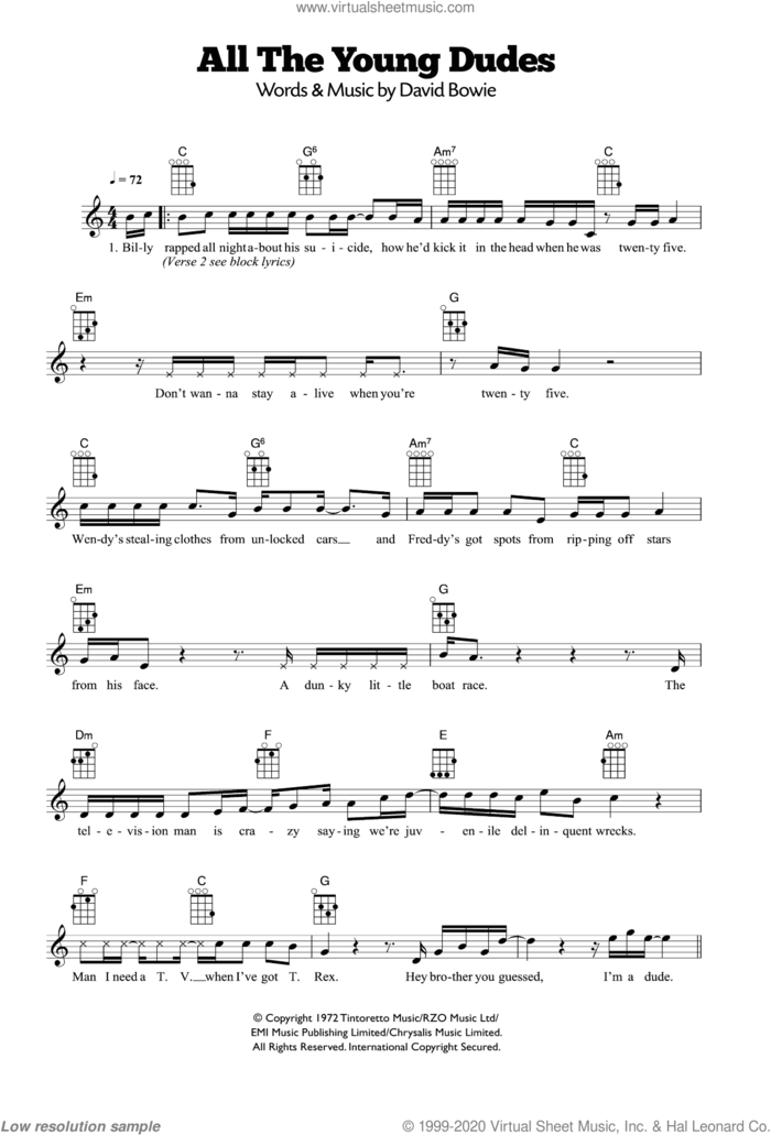 All The Young Dudes sheet music for ukulele by David Bowie and Mott The Hoople, intermediate skill level