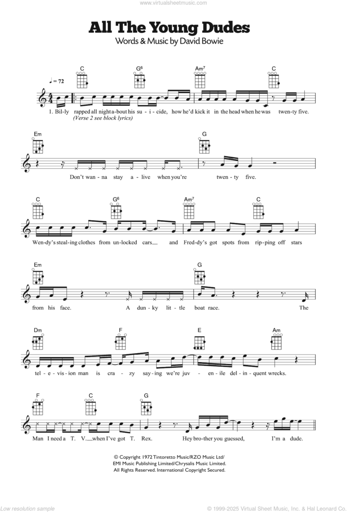 All The Young Dudes sheet music for ukulele by David Bowie and Mott The Hoople, intermediate skill level