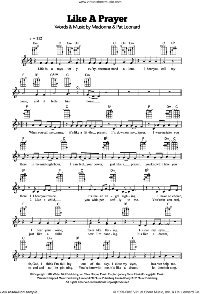 Like A Prayer sheet music for ukulele by Madonna and Patrick Leonard, intermediate skill level