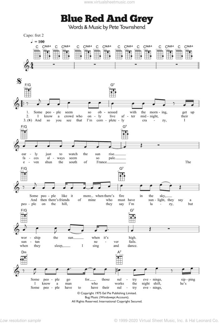Blue, Red and Grey sheet music for ukulele by The Who and Pete Townshend, intermediate skill level