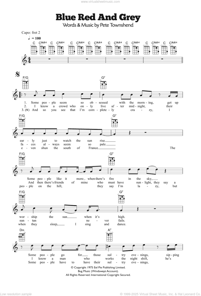 Blue, Red and Grey sheet music for ukulele by The Who and Pete Townshend, intermediate skill level