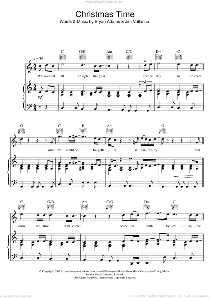 Christmas Time sheet music for voice, piano or guitar by Bryan Adams and Jim Vallance, intermediate skill level