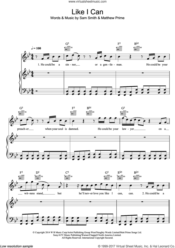Like I Can sheet music for voice, piano or guitar by Sam Smith and Matthew Prime, intermediate skill level