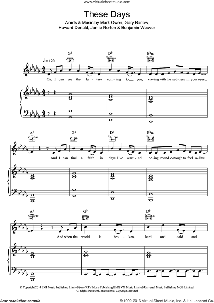 These Days sheet music for voice, piano or guitar by Take That, Benjamin Weaver, Gary Barlow, Howard Donald, Jamie Norton and Mark Owen, intermediate skill level