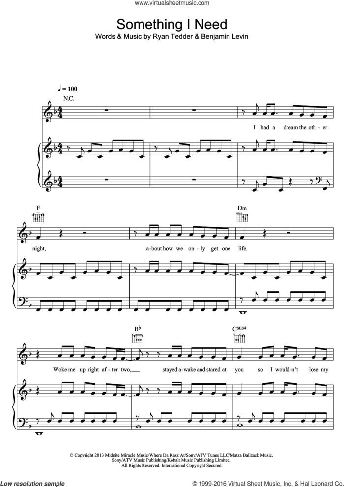 Something I Need sheet music for voice, piano or guitar by Ben Haenow, OneRepublic, Benjamin Levin and Ryan Tedder, intermediate skill level