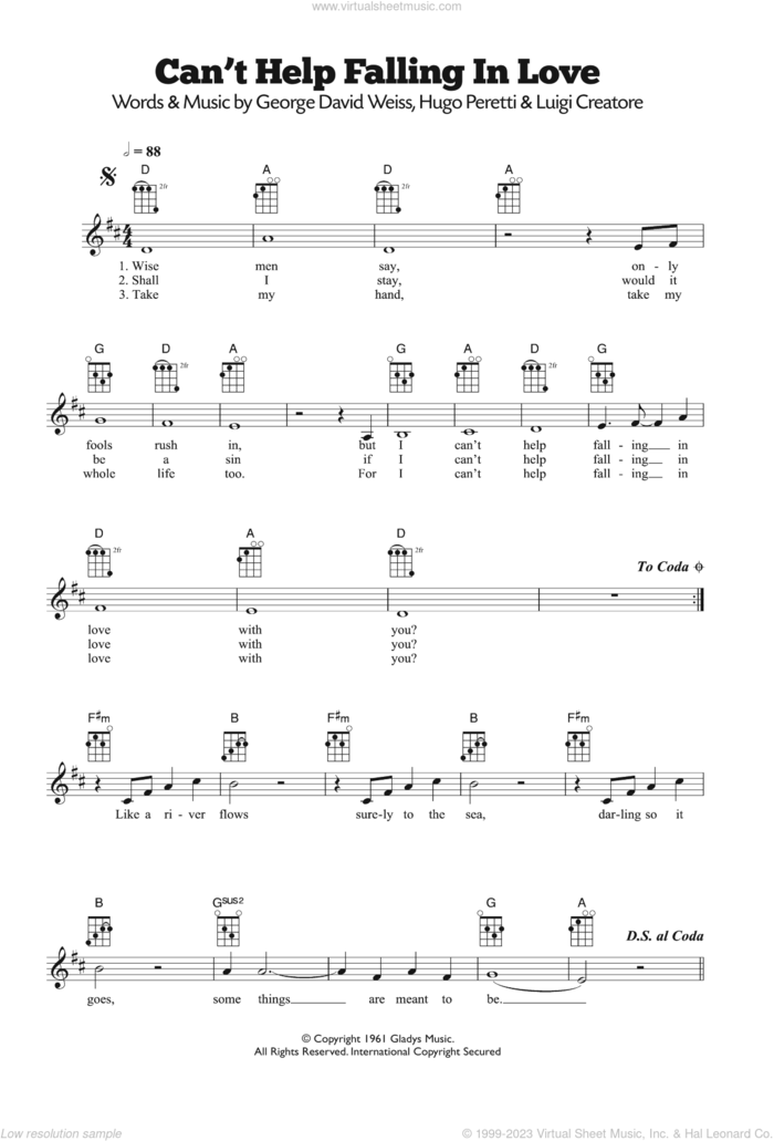 Can't Help Falling In Love sheet music for ukulele by UB40, Elvis Presley, George David Weiss, Hugo Peretti and Luigi Creatore, wedding score, intermediate skill level
