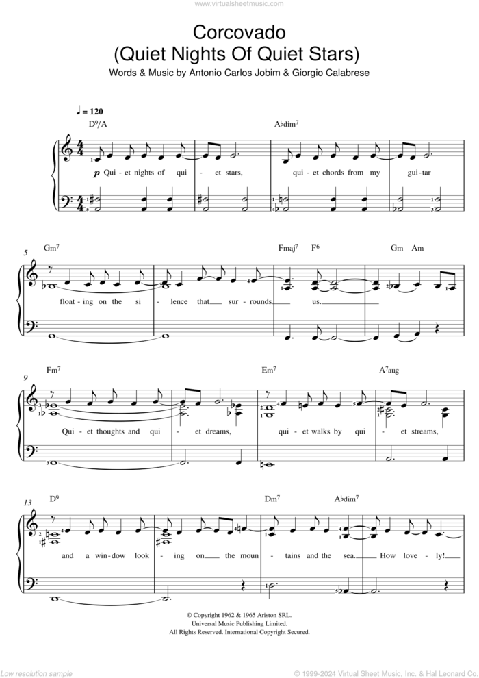 Corcovado (Quiet Nights Of Quiet Stars) sheet music for voice and piano by Antonio Carlos Jobim and Giorgio Calabrese, intermediate skill level