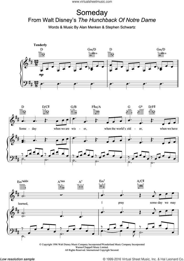 Someday (from The Hunchback Of Notre Dame) sheet music for voice, piano or guitar by Alan Menken, All-4-One, Donna Summer and Stephen Schwartz, intermediate skill level