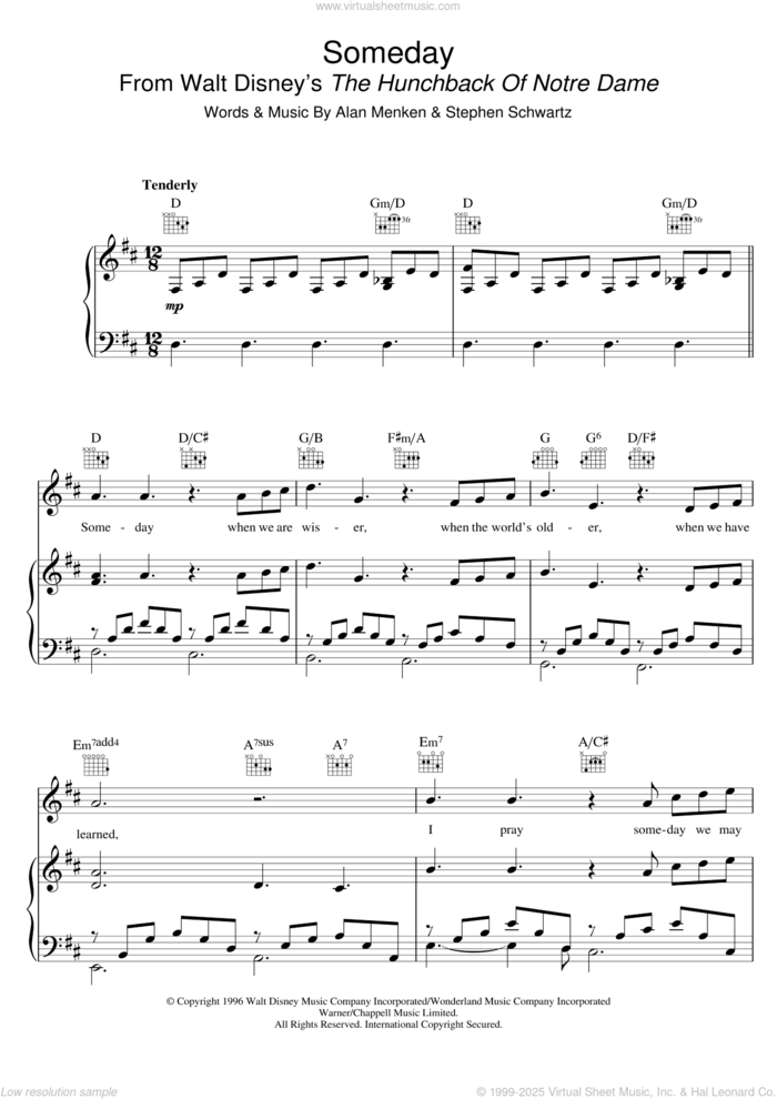 Someday (from The Hunchback Of Notre Dame) sheet music for voice, piano or guitar by Alan Menken, All-4-One, Donna Summer and Stephen Schwartz, intermediate skill level