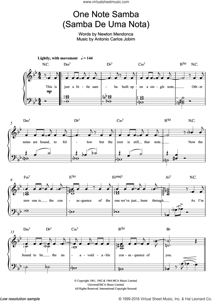 One Note Samba (Samba De Uma Nota) sheet music for voice and piano by Antonio Carlos Jobim and Newton Mendonca, intermediate skill level