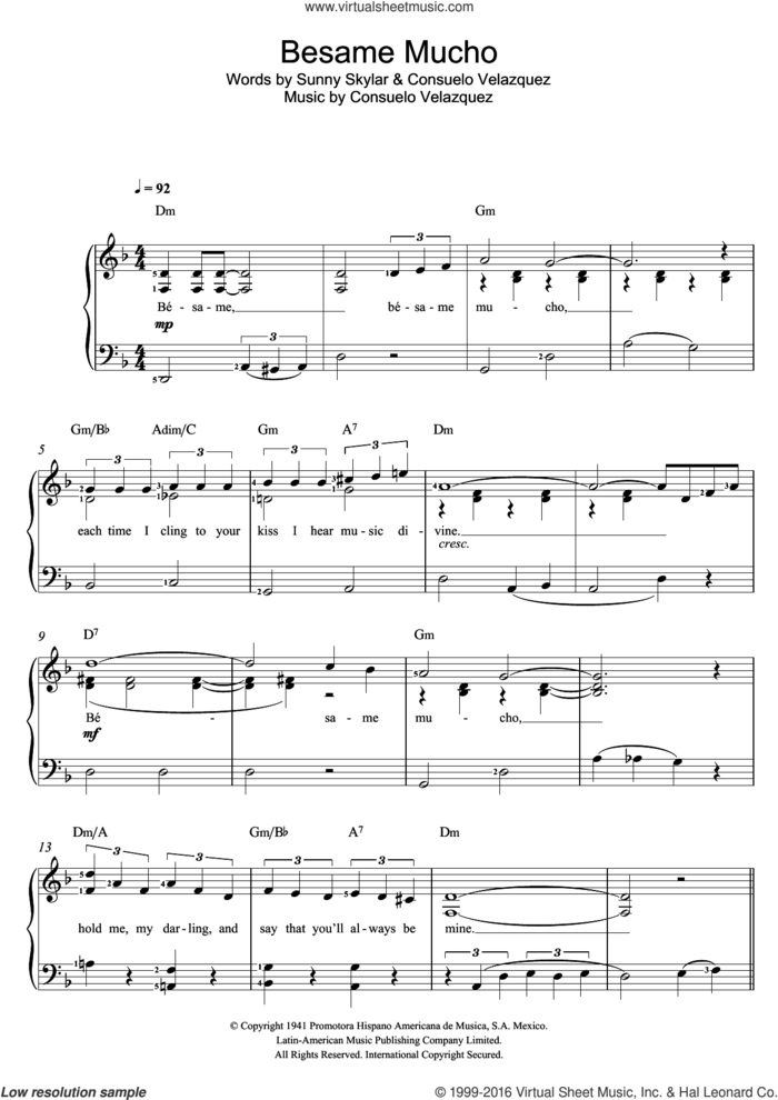 Besame Mucho (Kiss Me Much) sheet music for voice and piano by Consuelo Velazquez, Diana Krall and Sunny Skylar, intermediate skill level