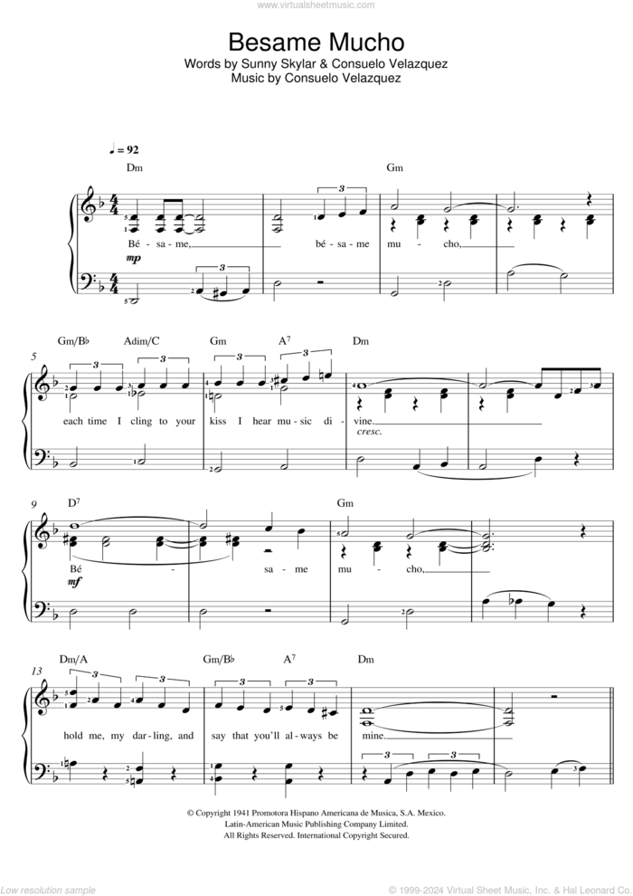 Besame Mucho (Kiss Me Much) sheet music for voice and piano by Consuelo Velazquez, Diana Krall and Sunny Skylar, intermediate skill level