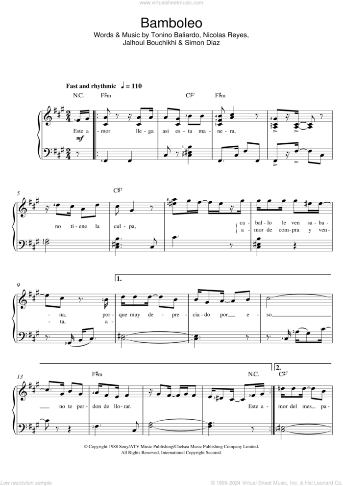 Bamboleo sheet music for voice and piano by The Gipsy Kings, Jahloul Bouchikhi, Nicolas Reyes, Simon Diaz and Tonino Baliardo, intermediate skill level