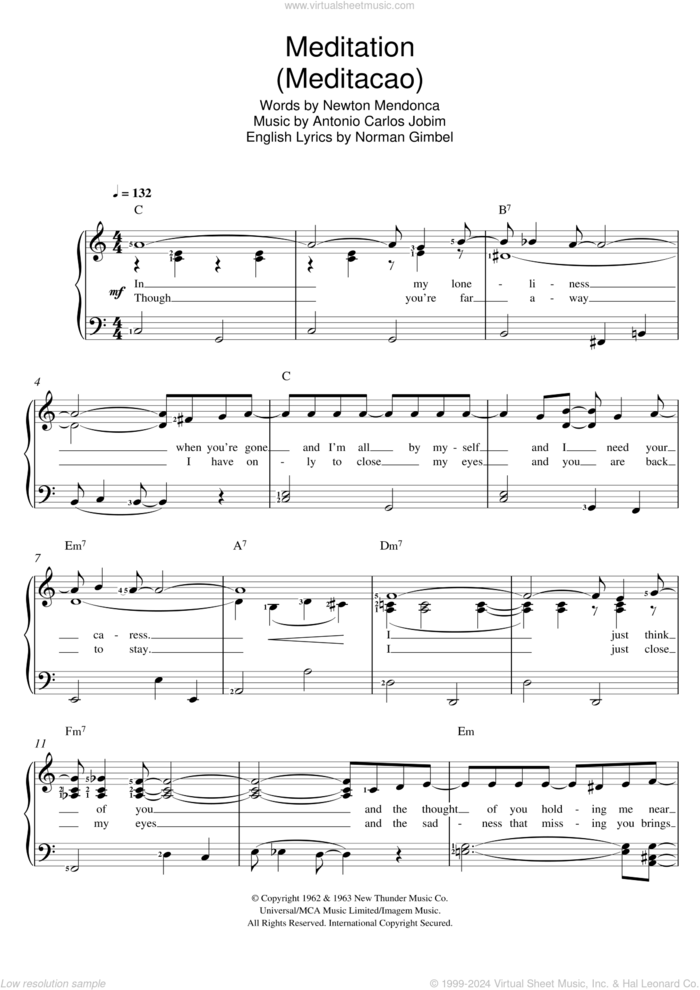 Meditation (Meditacao) sheet music for voice and piano by Antonio Carlos Jobim, Norman Gimbel and Newton Mendonca, intermediate skill level