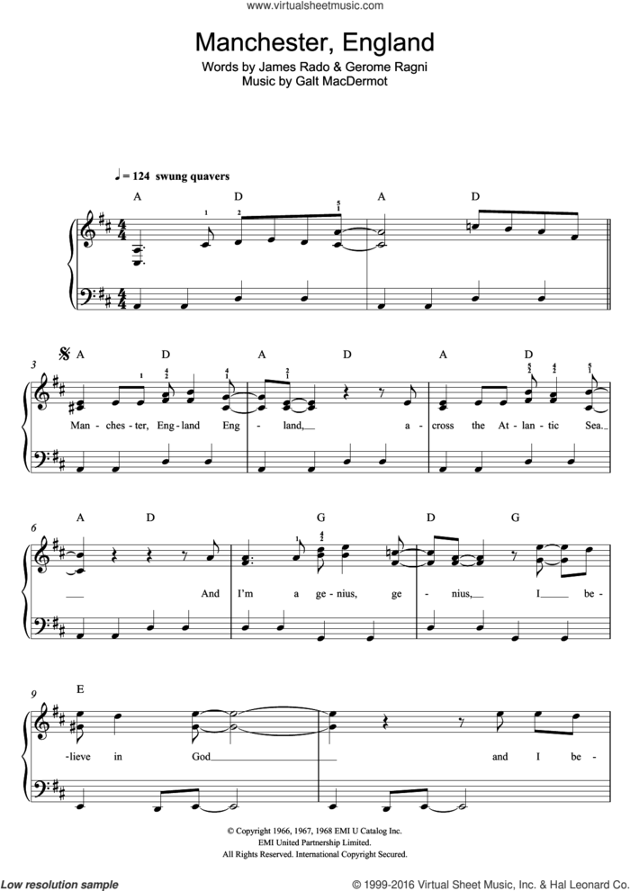 Manchester, England sheet music for piano solo by Galt MacDermot, Gerome Ragni and James Rado, easy skill level