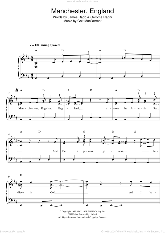 Manchester, England sheet music for piano solo by Galt MacDermot, Gerome Ragni and James Rado, easy skill level