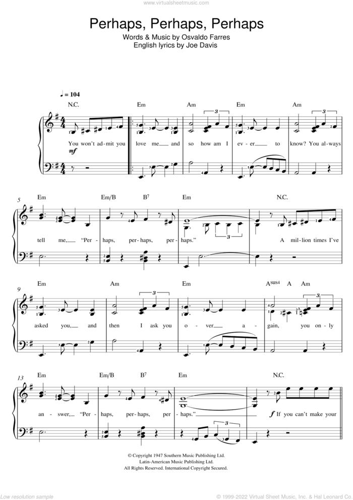 Perhaps, Perhaps, Perhaps (Quizas, Quizas, Quizas) sheet music for voice and piano by Osvaldo Farres and Joe Davis, intermediate skill level