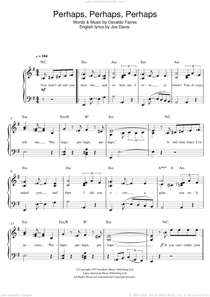 Perhaps, Perhaps, Perhaps (Quizas, Quizas, Quizas) sheet music for voice and piano by Osvaldo Farres and Joe Davis, intermediate skill level