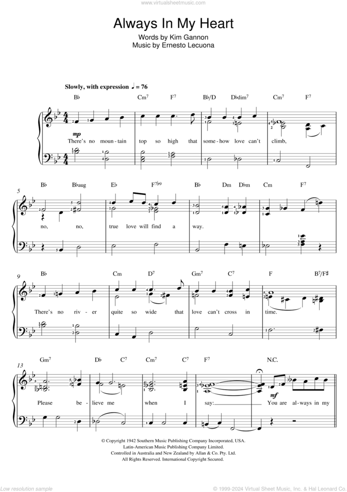 Always In My Heart sheet music for voice and piano by Ernesto Lecuona and Kim Gannon, intermediate skill level