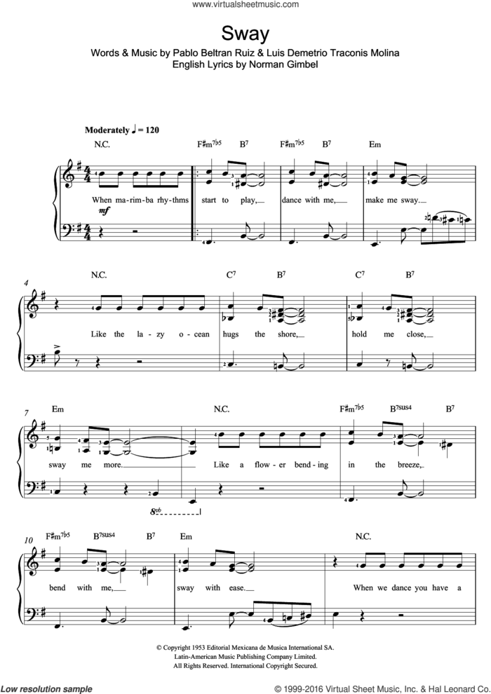 Sway (Quien Sera) sheet music for voice and piano by Dean Martin, Norman Gimbel, Luis Demetrio Traconis Molina and Pablo Beltran Ruiz, intermediate skill level