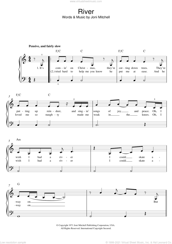 River sheet music for piano solo by Joni Mitchell and Merle Travis, easy skill level