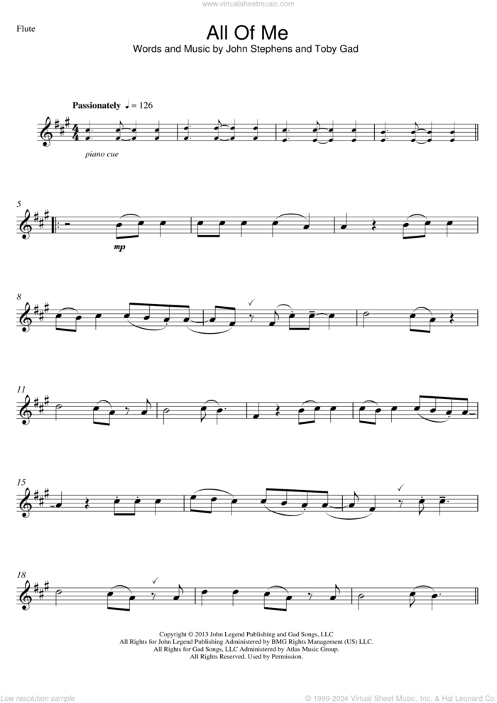 All Of Me sheet music for flute solo by John Legend and Toby Gad, wedding score, intermediate skill level