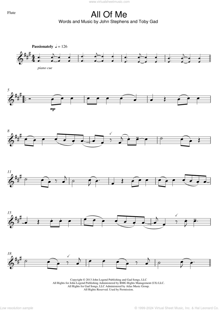 All Of Me sheet music for flute solo by John Legend and Toby Gad, wedding score, intermediate skill level