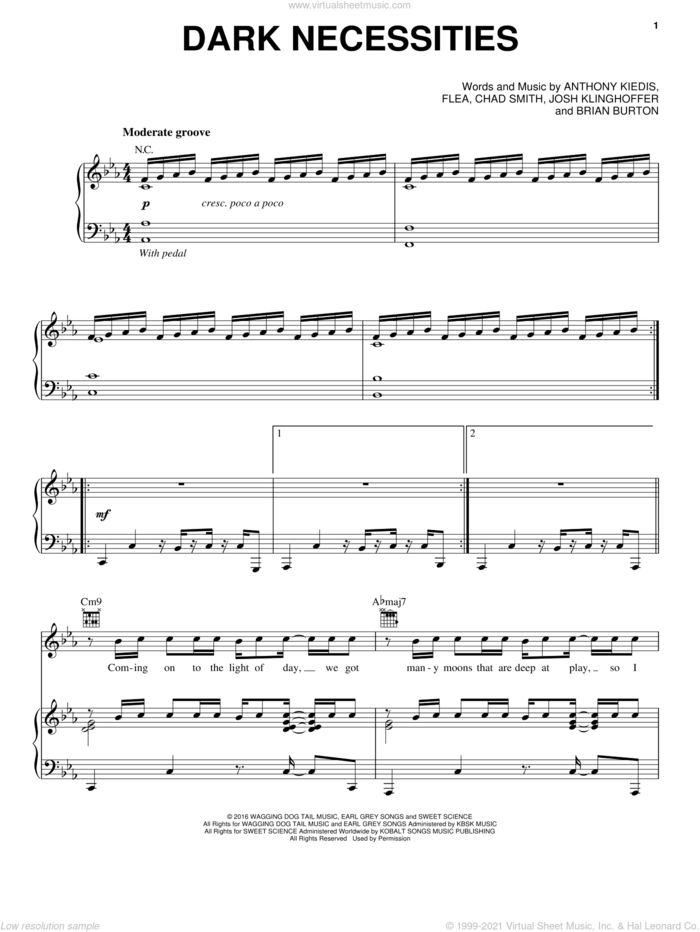 Dark Necessities sheet music for voice, piano or guitar by Red Hot Chili Peppers, Anthony Kiedis, Brian Burton, Chad Smith, Flea and Josh Klinghoffer, intermediate skill level