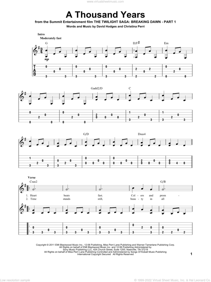A Thousand Years, (intermediate) sheet music for guitar solo by Christina Perri and David Hodges, wedding score, intermediate skill level