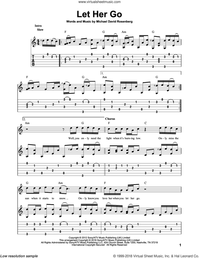 Let Her Go, (intermediate) sheet music for guitar solo by Passenger and Michael David Rosenberg, intermediate skill level