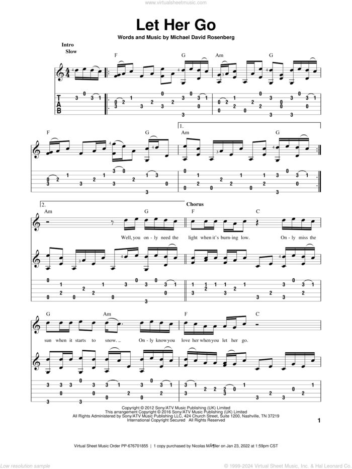 Let Her Go, (intermediate) sheet music for guitar solo by Passenger and Michael David Rosenberg, intermediate skill level