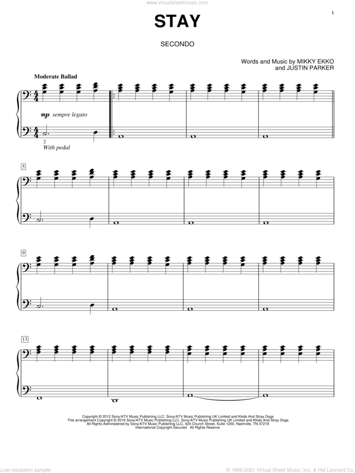 Stay sheet music for piano four hands by Rihanna, Eric Baumgartner, Justin Parker and Mikky Ekko, intermediate skill level