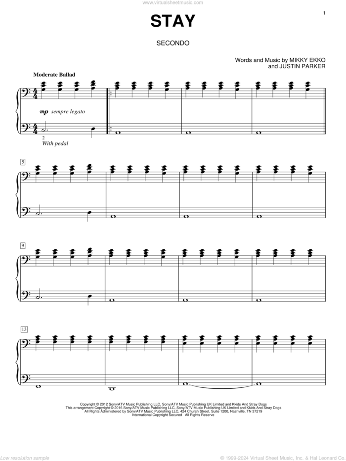 Stay sheet music for piano four hands by Rihanna, Eric Baumgartner, Justin Parker and Mikky Ekko, intermediate skill level