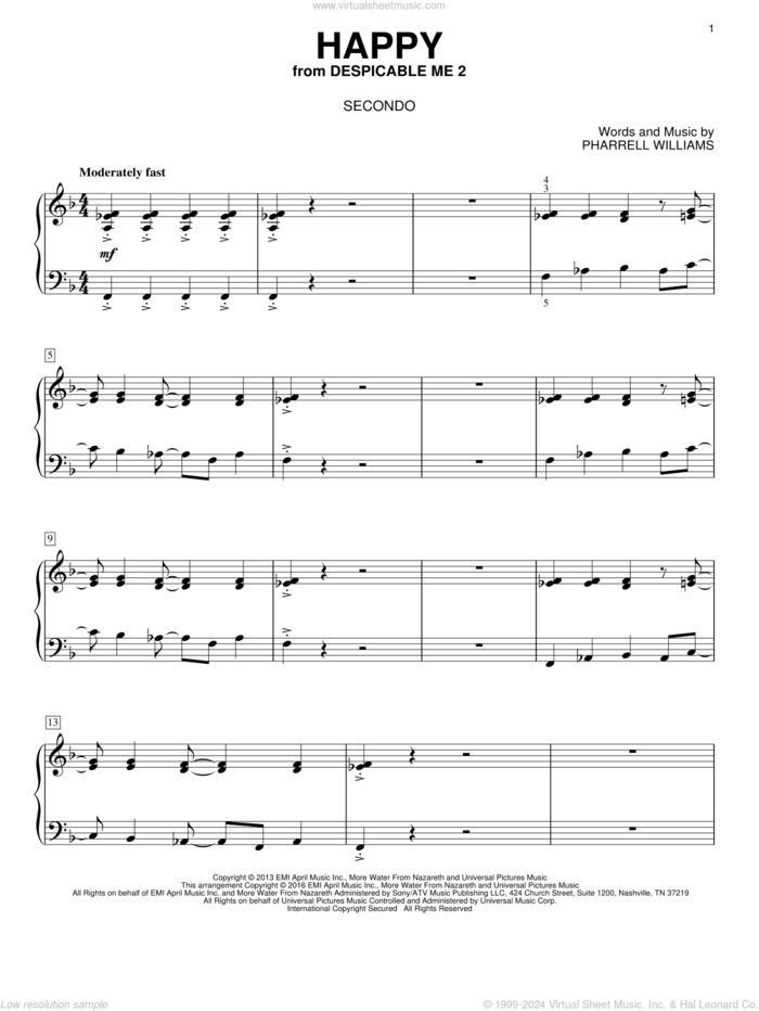 Happy sheet music for piano four hands by Pharrell, Eric Baumgartner and Pharrell Williams, intermediate skill level