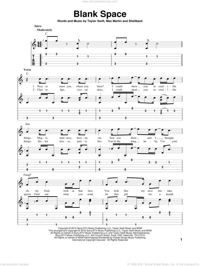 Blank Space, (intermediate) sheet music for guitar solo by Taylor Swift, Johan Schuster, Max Martin and Shellback, intermediate skill level