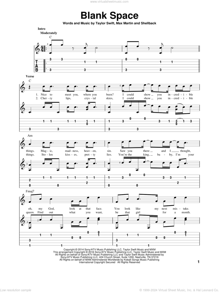 Blank Space, (intermediate) sheet music for guitar solo by Taylor Swift, Johan Schuster, Max Martin and Shellback, intermediate skill level