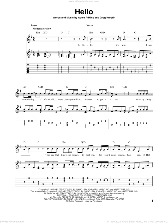 Hello, (intermediate) sheet music for guitar solo by Adele, Adele Adkins and Greg Kurstin, intermediate skill level