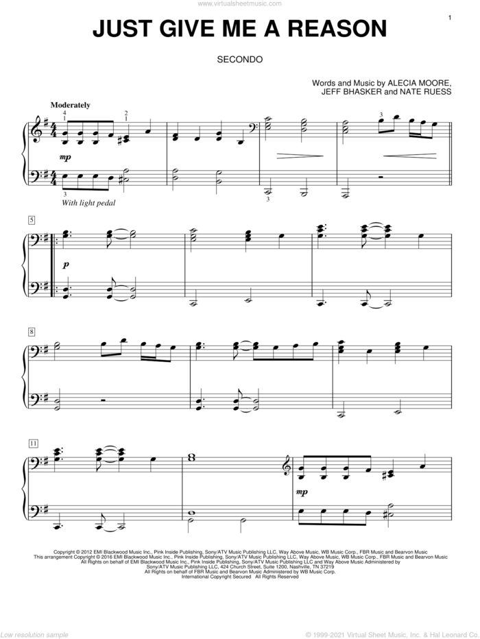 Just Give Me A Reason sheet music for piano four hands by Pink featuring Nate Ruess, Eric Baumgartner, Alecia Moore, Jeff Bhasker and Nate Ruess, intermediate skill level