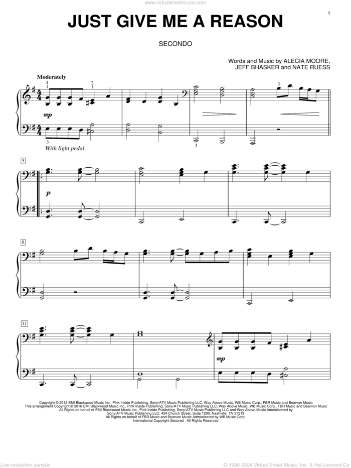 Just Give Me A Reason sheet music for piano four hands by Pink featuring Nate Ruess, Eric Baumgartner, Alecia Moore, Jeff Bhasker and Nate Ruess, intermediate skill level