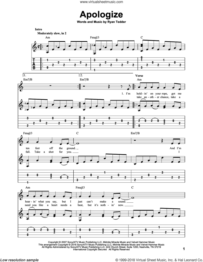 Apologize sheet music for guitar solo by Timbaland featuring OneRepublic and Ryan Tedder, intermediate skill level