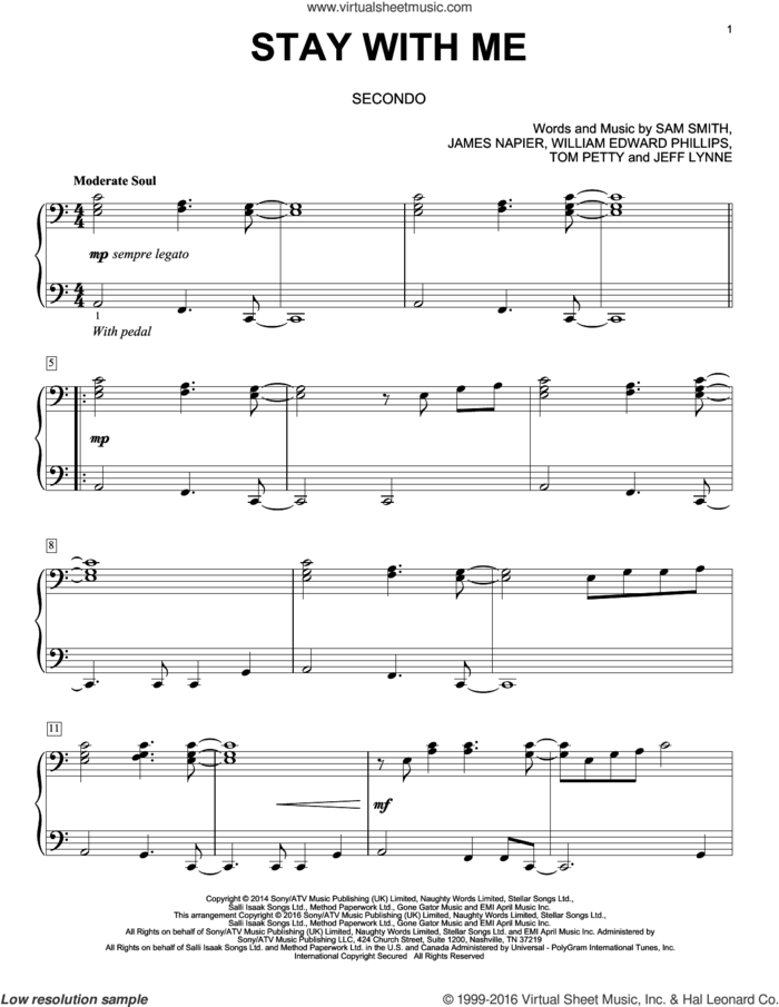 Stay With Me sheet music for piano four hands by Sam Smith, Eric Baumgartner, James Napier, Jeff Lynne, Tom Petty and William Edward Phillips, intermediate skill level