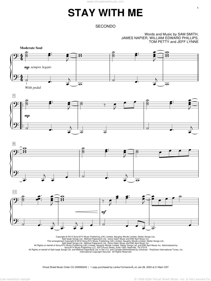 Stay With Me sheet music for piano four hands by Sam Smith, Eric Baumgartner, James Napier, Jeff Lynne, Tom Petty and William Edward Phillips, intermediate skill level