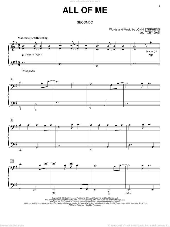 All Of Me sheet music for piano four hands by John Legend, Eric Baumgartner, John Stephens and Toby Gad, wedding score, intermediate skill level