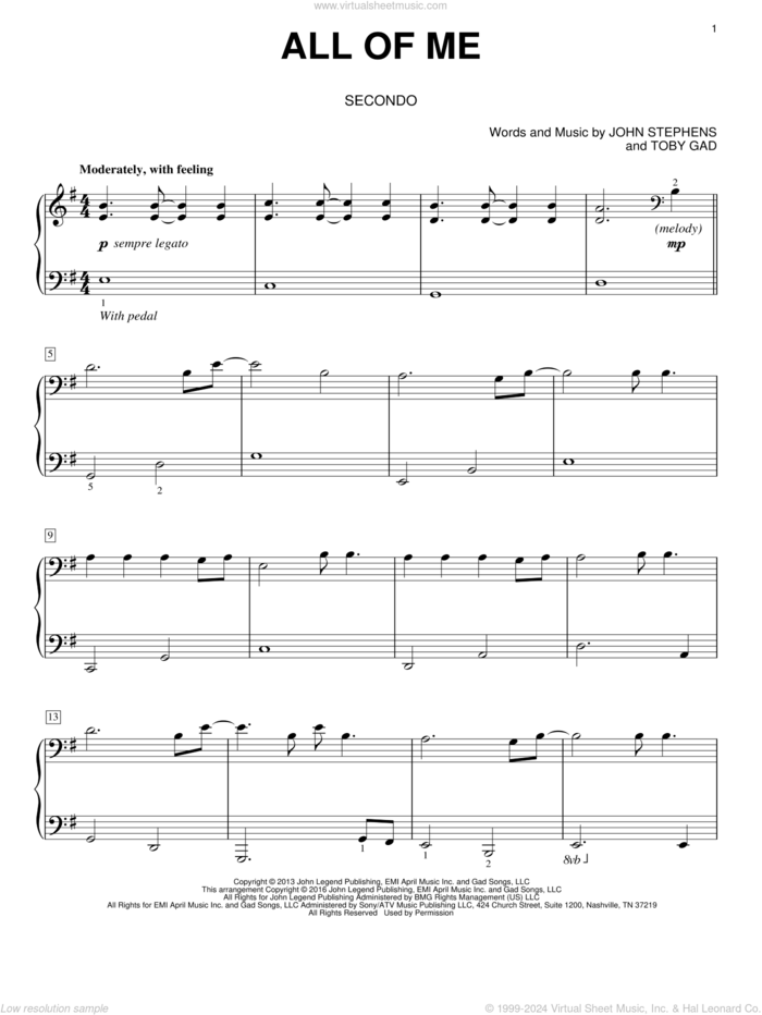 All Of Me sheet music for piano four hands by John Legend, Eric Baumgartner, John Stephens and Toby Gad, wedding score, intermediate skill level