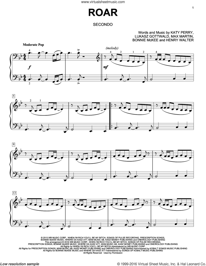 Roar sheet music for piano four hands by Katy Perry, Eric Baumgartner, Bonnie McKee, Henry Walter, Lukasz Gottwald and Max Martin, intermediate skill level